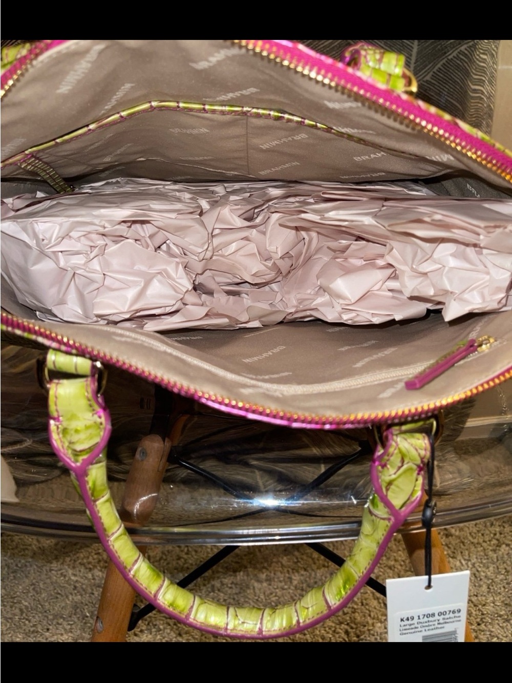 Brahmin Pink & Green Croc-Embossed Dome Satchel with Removable Strap - Picture 5 of 7